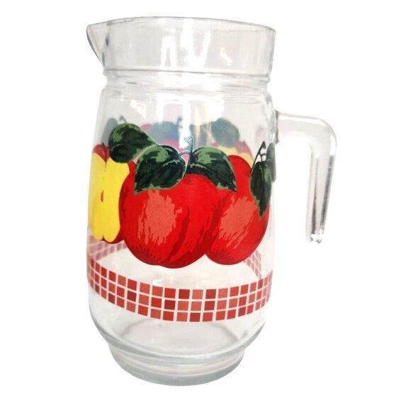 Vintage KIG Malaysia Clear Glass 48oz Handled Pitcher 4 juice glasses, Red Apple - Picture 2 of 16